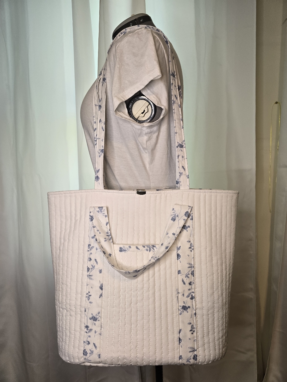 Quilted Floral-Trim White Tote Bag